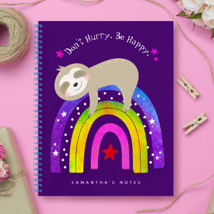 Purple Sloth on Rainbow Don’t Hurry Be Happy Cute Notebook