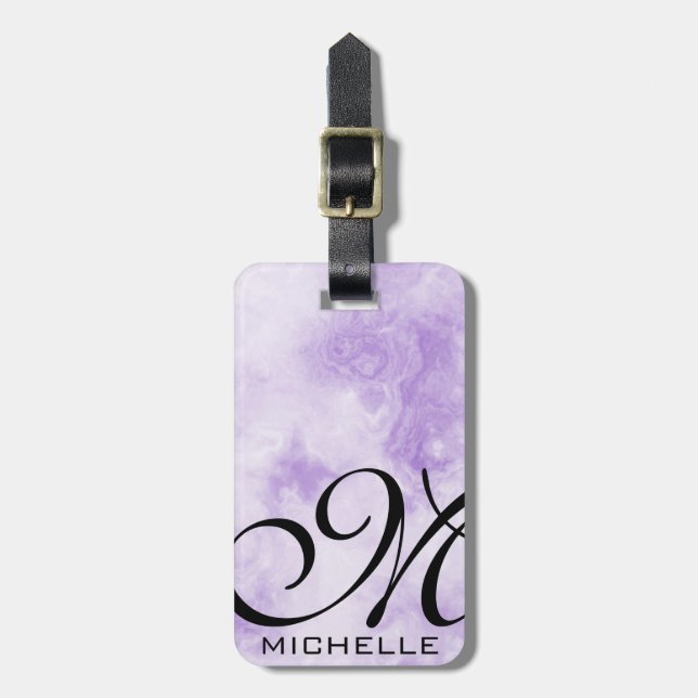Purple Smoked Marble Script Monogrammed Luggage Tag (Front Vertical)