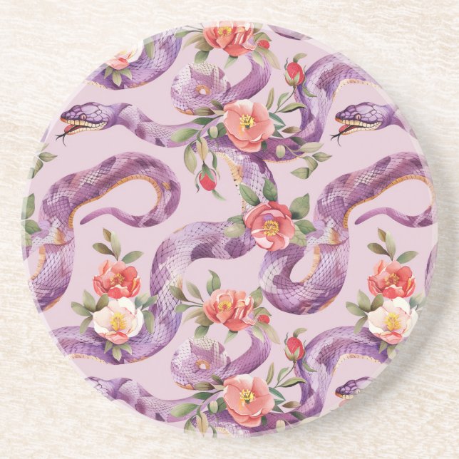 Purple Snakes Red Cream Flowers Coaster (Front)