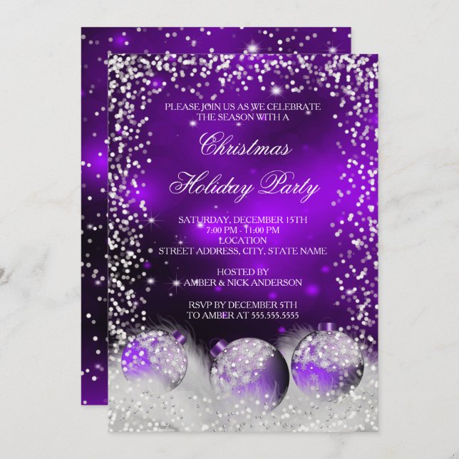 Purple Snow Bauble Christmas Holiday Party Invitation (Front/Back)