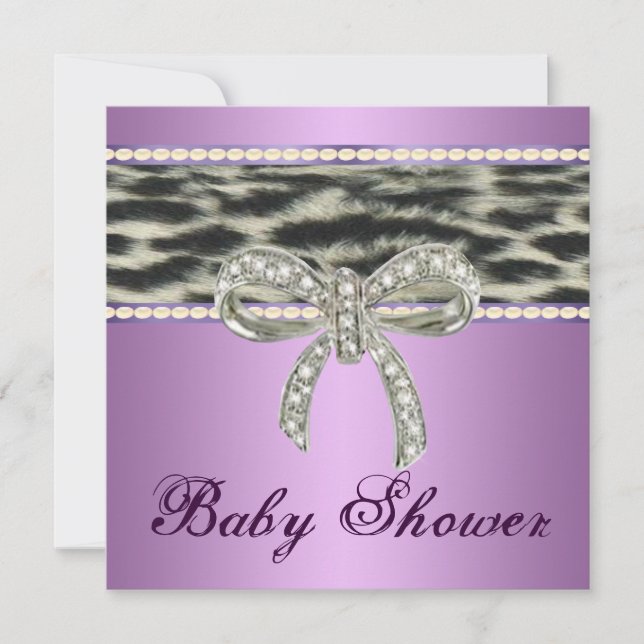 Purple Snow Leopard Diamond Bow Baby Shower Invite (Front)