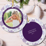 Purple Snowflake Merry Bright and Christmas Photo Ceramic Ornament<br><div class="desc">Snowflake christmas tree photo ornament, lettered with "Have a Merry and Bright Christmas" .. followed by your custom wording such as "love you great grandma". You can also personalise the back of the ornament with a message, your name, the year etc. The photo template will display your photo in a...</div>