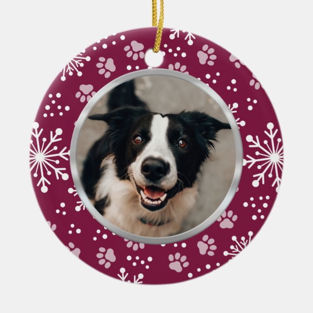 Purple Snowflake Paw Pattern Pet Photo Ceramic Ornament (Front)