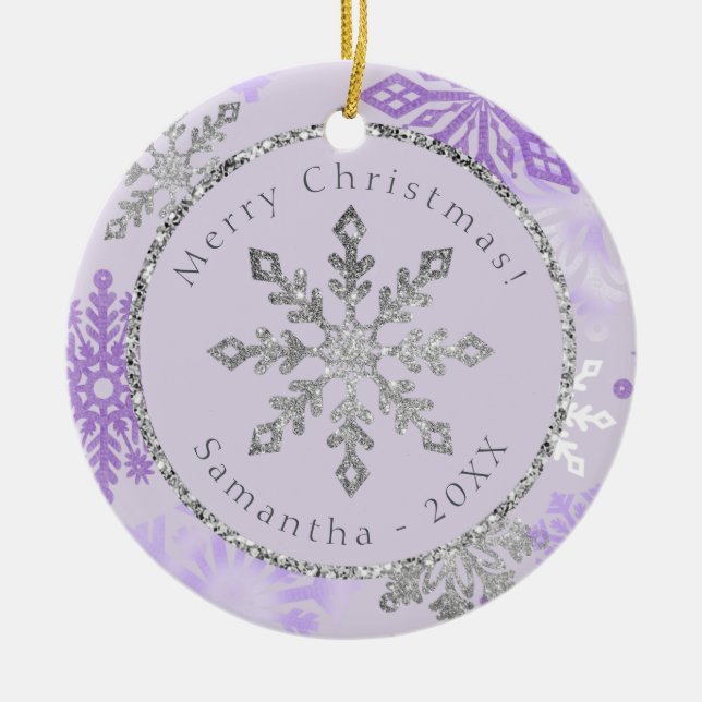 Purple Snowflake Personalised Name Date Ceramic Ornament (Front)