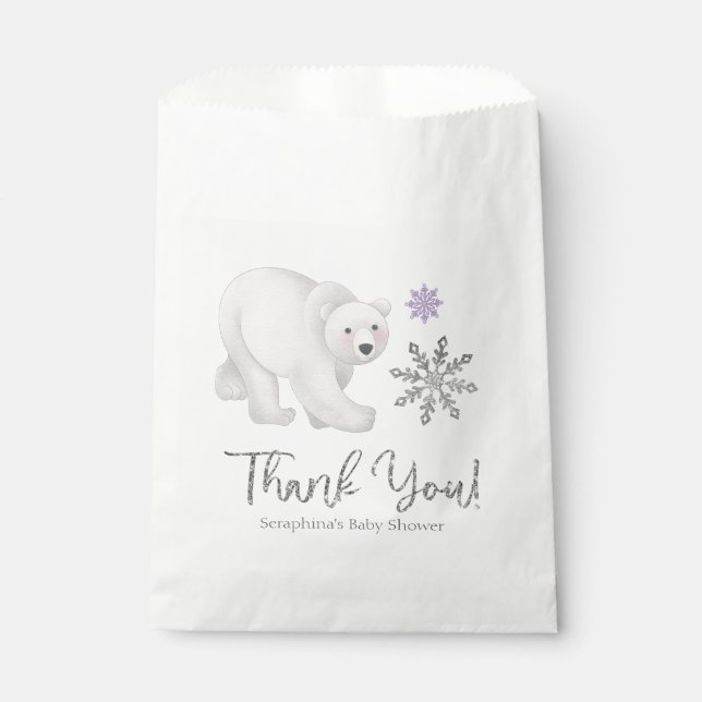 Purple Snowflake Polar Bear Baby Shower Thank You  Favour Bag (Front)
