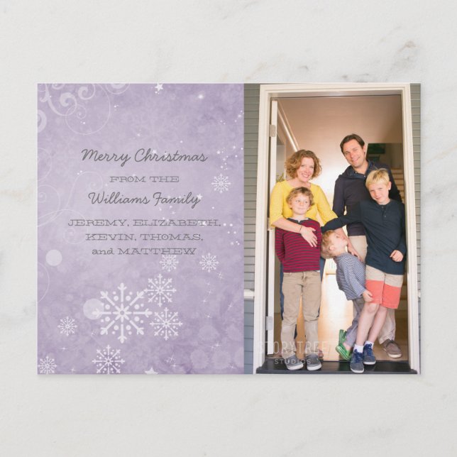 Purple Snowflake Swirls Holiday Photo Postcard (Front)