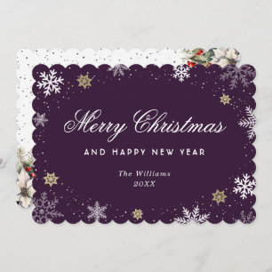 Purple Snowflake Watercolor Botanical  Holiday Card