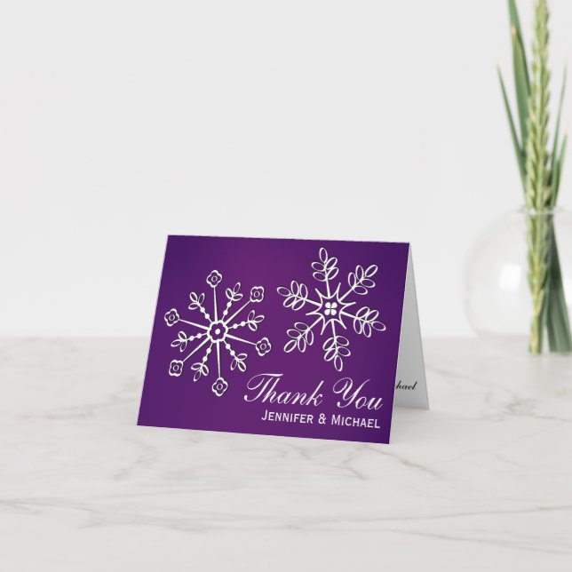Purple Snowflake Wedding Thank You Note Cards (Front)
