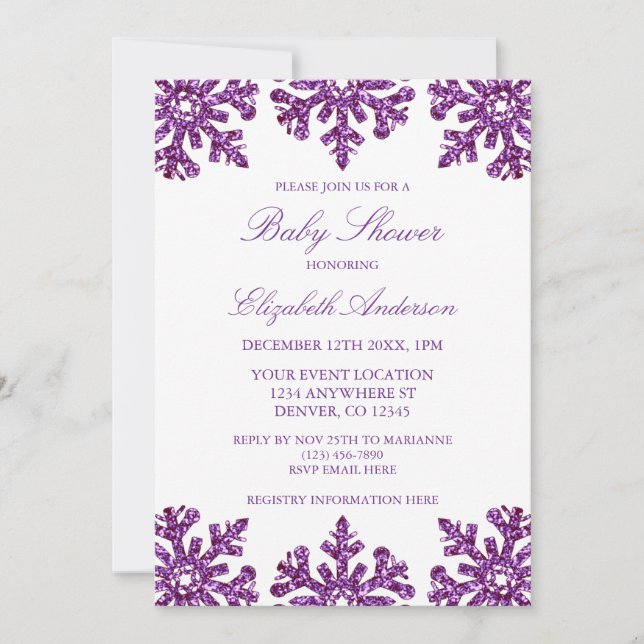 Purple Snowflake Winter Baby Shower Invitation (Front)