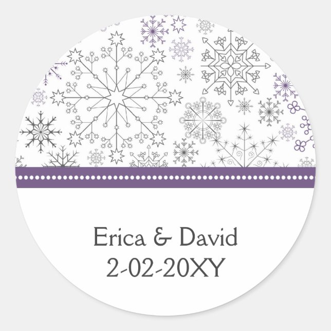 purple snowflake winter wedding favour stickers (Front)