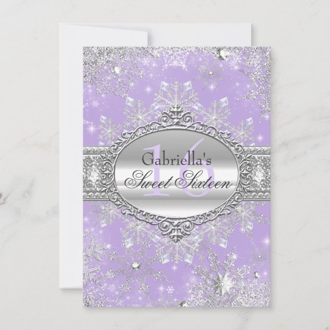 Purple Snowflake Winter Wonderland Sweet 16 Invite (Front)
