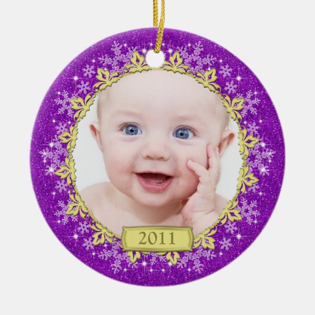 Purple Snowflakes Baby's First Christmas Photo Ceramic Ornament (Front)