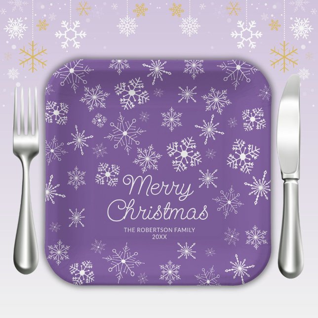 Purple Snowflakes Christmas Party Paper Plate (Creator Uploaded)
