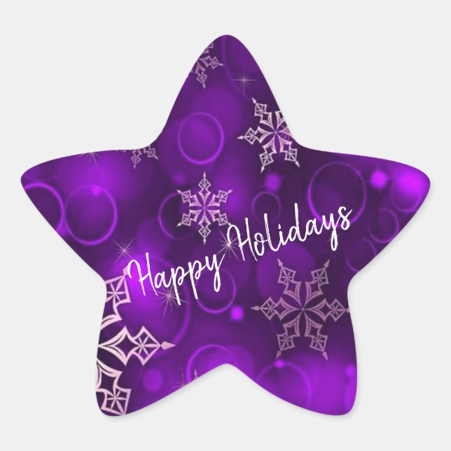 Purple Snowflakes Happy Holidays Star Sticker (Front)