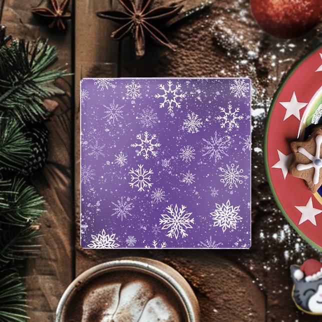 Purple Snowflakes Pattern Magical Winter Holiday Glass Coaster (Creator Uploaded)