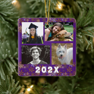 Purple Snowflakes Photo Collage Family Ceramic Ornament