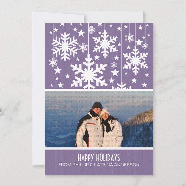 Purple Snowflakes Stars Holiday Photo Flat Card (Front)
