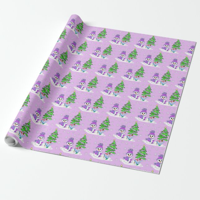 Purple Snowman Blue Bird Christmas Tree Holiday Wrapping Paper (Unrolled)