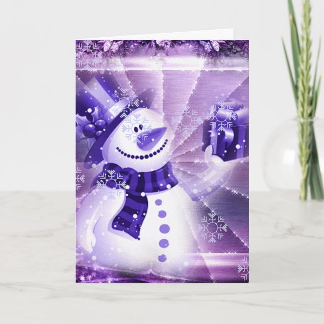 Purple Snowman in Winter Scene Holiday Card (Front)