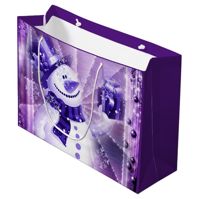 Purple Snowman in Winter Scene Large Gift Bag (Front Angled)
