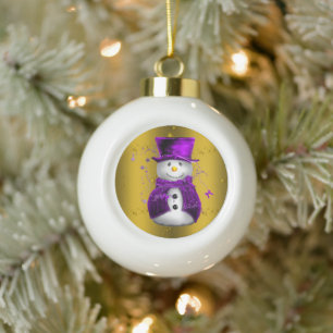Purple Snowman on Gold Christmas Ceramic Ball Christmas Ornament