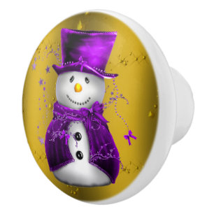 Purple Snowman on Gold Christmas Ceramic Knob