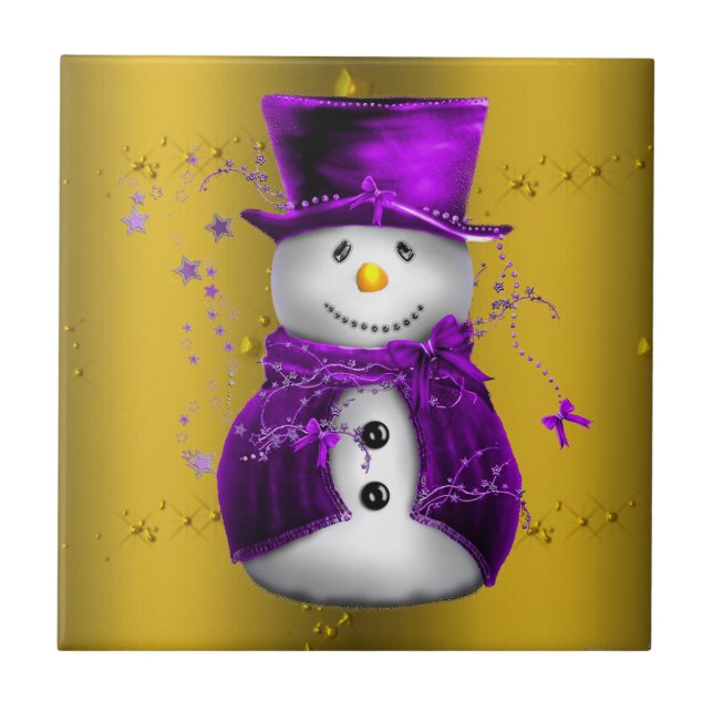 Purple Snowman on Gold Christmas Ceramic Tile (Front)