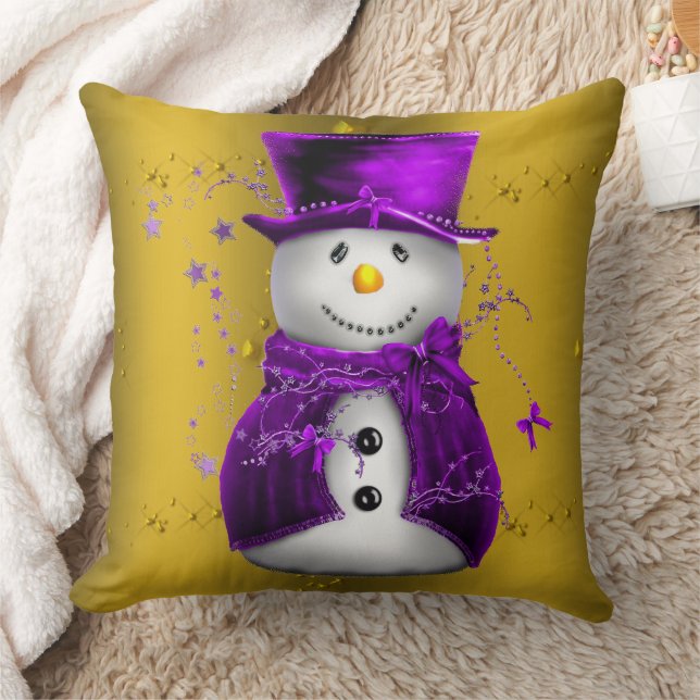 Purple Snowman on Gold Christmas Cushion (Blanket)
