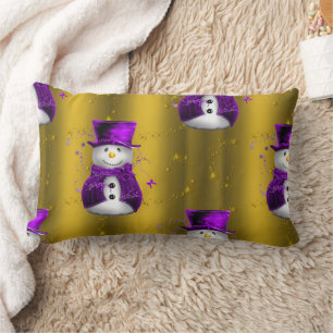 Purple Snowman on Gold Christmas Lumbar Cushion