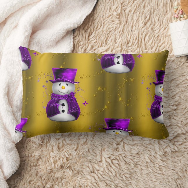 Purple Snowman on Gold Christmas Lumbar Cushion (Blanket)
