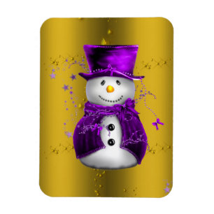 Purple Snowman on Gold Christmas Magnet