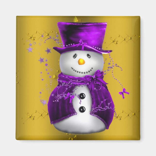 Purple Snowman on Gold Christmas Magnet (Front)