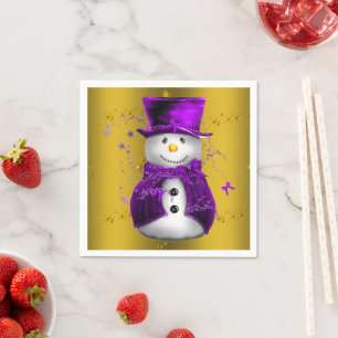 Purple Snowman on Gold Christmas Napkin