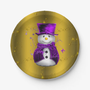 Purple Snowman on Gold Christmas Paper Plate
