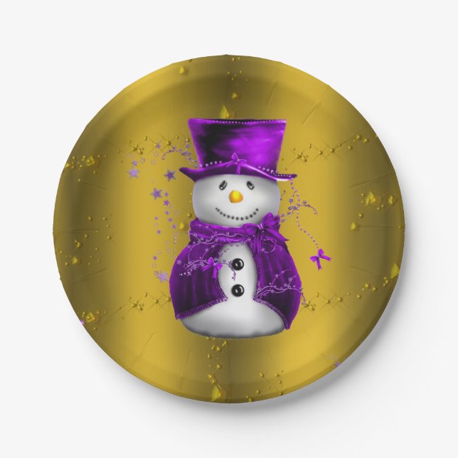 Purple Snowman on Gold Christmas Paper Plate (Front)