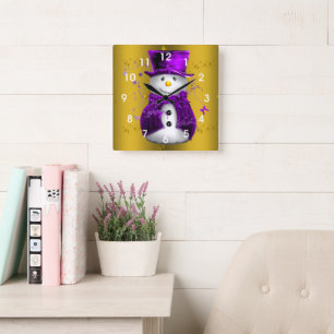 Purple Snowman on Gold Christmas Square Wall Clock