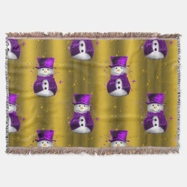Purple Snowman on Gold Christmas Throw Blanket (Front)