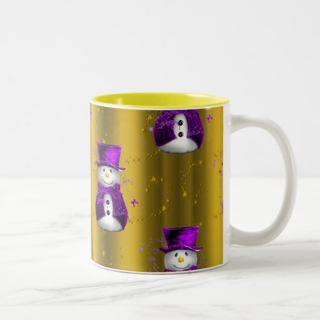 Purple Snowman on Gold Christmas Two-Tone Coffee Mug (Right)