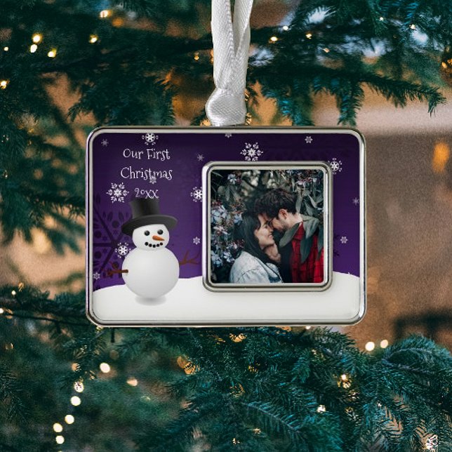 Purple Snowman Winter Scene Framed First Silver Plated Framed Ornament (Purple Snowman Winter Scene First Christmas Framed Ornament)