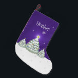 Purple Snowy Christmas Tree Christmas Stocking<br><div class="desc">Add a whimsical touch to your mantle this holiday season with a personalised Purple Snowy Christmas Tree Christmas Stocking. Stocking design features a trio of decorated Christmas Trees in snow with falling snowflakes against a purple background. Additional gift and holiday items available with this design as well.</div>