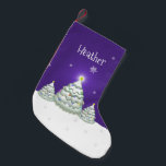Purple Snowy Christmas Tree Christmas Stocking<br><div class="desc">Add a whimsical touch to your mantle this holiday season with a personalised Purple Snowy Christmas Tree Christmas Stocking. Stocking design features a trio of decorated Christmas Trees in snow with falling snowflakes against a purple background. Additional gift and holiday items available with this design as well.</div>