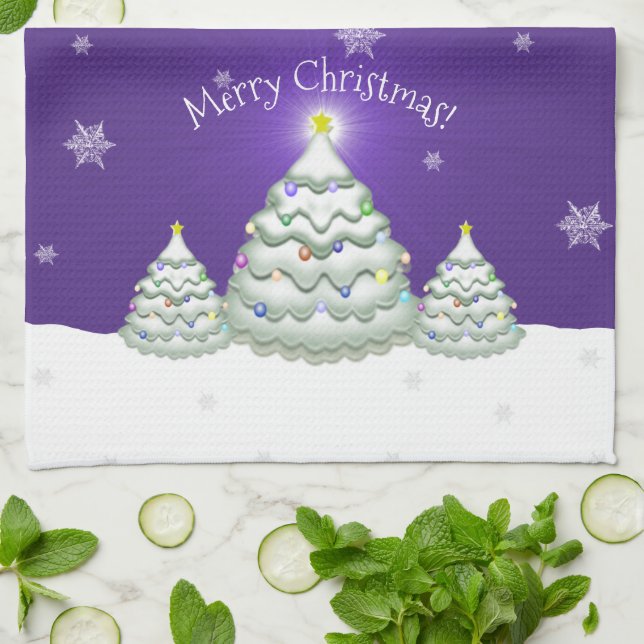Purple Snowy Christmas Tree Kitchen Towel (Folded)