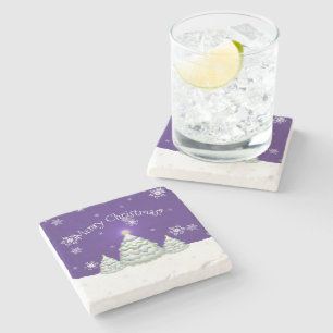 Purple Snowy Christmas Tree Stone Coaster