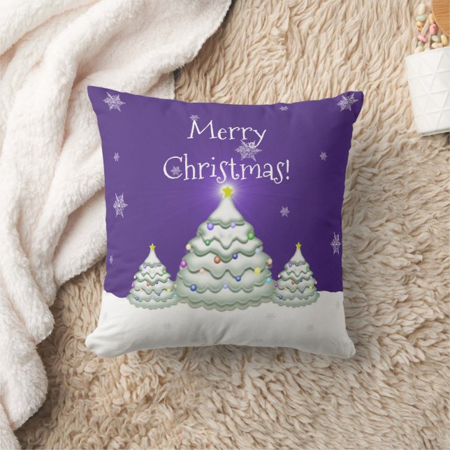 Purple Snowy Christmas Tree Throw Pillow (Blanket)