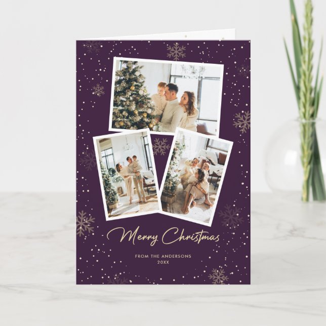 Purple Snowy Photo Merry Christmas Card (Front)