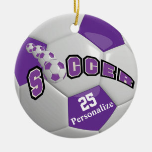 Purple Soccer Ball Personalise Ceramic Ornament