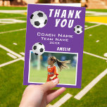 Purple Soccer Football Ball Sports Coach  Thank You Card<br><div class="desc">Purple Soccer Football Ball Sports Thank you Coach Card. Soccer thank you coach card with photo, thank you text, coach name, team name, year, your name and soccer balls. Photo thank you card - add your photo to the template. Personalise the card with names and your text. Great thank you...</div>