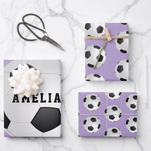 Purple Soccer Football Balls Kids Name Birthday  Wrapping Paper Sheet