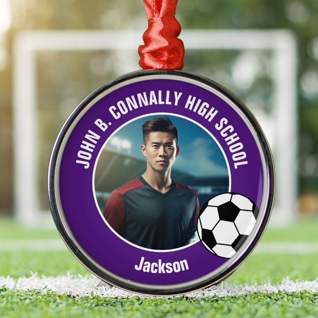 Purple Soccer Player Photo High School Christmas Metal Ornament (Creator Uploaded)