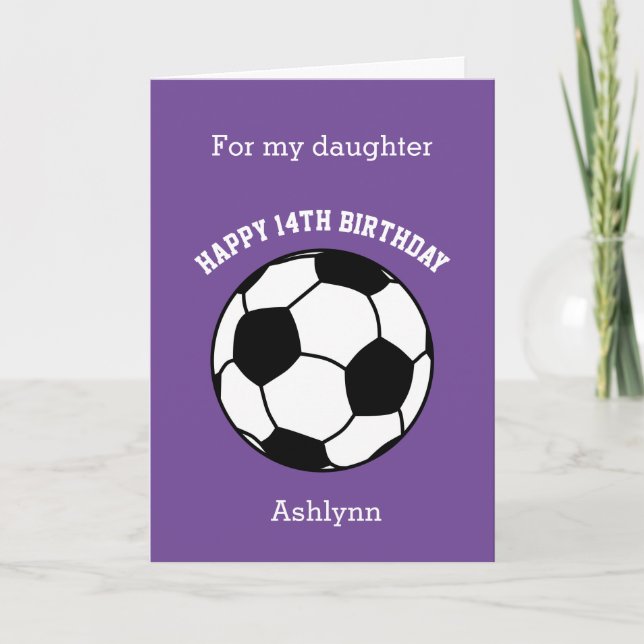 Purple Soccer Sport 14th Birthday Card (Front)